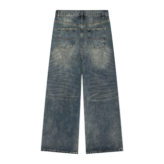 Men's Vintage Wash Denim Jeans - Pleated Whiskered Wide Leg
