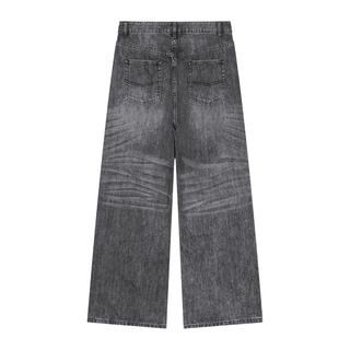 Men's Vintage Wash Denim Jeans - Pleated Whiskered Wide Leg