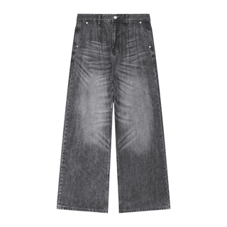 Men's Vintage Wash Denim Jeans - Pleated Whiskered Wide Leg