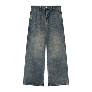 Men's Vintage Wash Denim Jeans - Pleated Whiskered Wide Leg