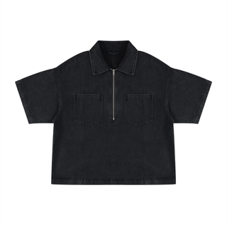 Unisex Vintage Wash Boxy Quarter-Zip Denim Shirt