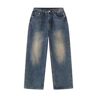 Men's Vintage Wash Denim Jeans - Sun-Faded Studded Loose Fit