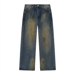 Men's Vintage Wash Wide Leg Denim Jeans - Dark Whiskered Wash