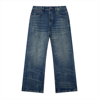 Men's Vintage Wash Denim Jeans - Whiskered Brushed Straight Leg