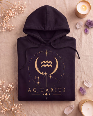 Aquarius Celestial Zodiac Hoodie - Black