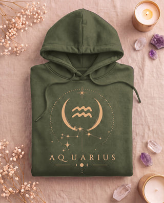 Aquarius Celestial Zodiac Hoodie - Military Green