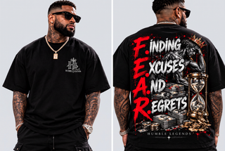 Model wearing F.E.A.R. heavyweight tee, front and back