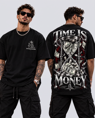Model wearing Time Is Money heavyweight tee, front and back