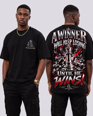 Model wearing A Winner heavyweight tee, front and back