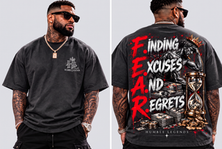 Model wearing F.E.A.R. heavyweight tee in Charcoal Grey, front and back