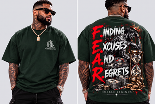 Model wearing F.E.A.R. heavyweight tee in Hunter Green, front and back