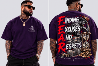 Model wearing F.E.A.R. heavyweight tee in Purple, front and back