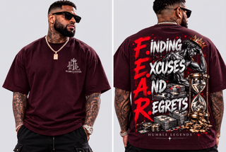 Model wearing F.E.A.R. heavyweight tee in Burgundy, front and back