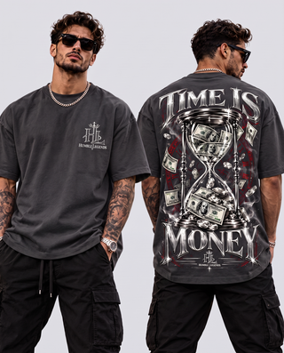 Model wearing Time Is Money heavyweight tee in Charcoal Grey, front and back