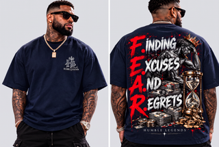 Model wearing F.E.A.R. heavyweight tee in Navy, front and back