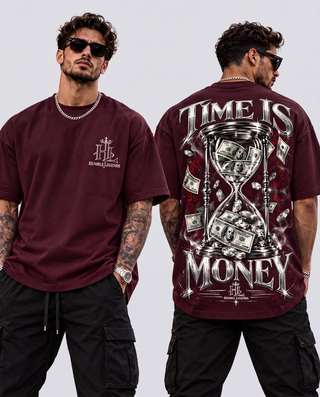 Model wearing Time Is Money heavyweight tee in Burgundy, front and back