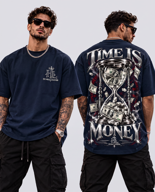 Model wearing Time Is Money heavyweight tee in Navy, front and back