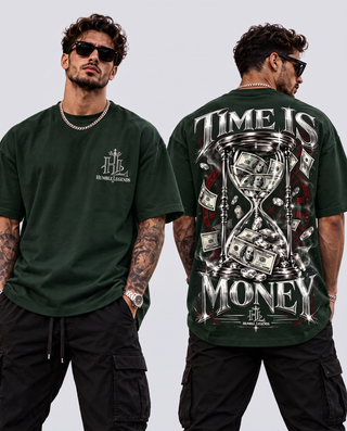 Model wearing Time Is Money heavyweight tee in Hunter Green, front and back