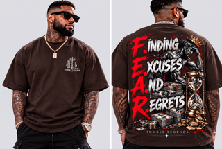 Model wearing F.E.A.R. heavyweight tee in Brown, front and back