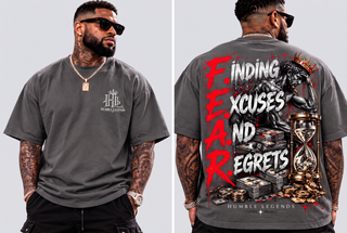 Model wearing F.E.A.R. heavyweight tee in Dark Grey, front and back
