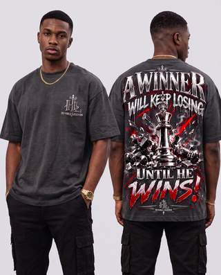 Model wearing A Winner heavyweight tee in Charcoal Grey, front and back