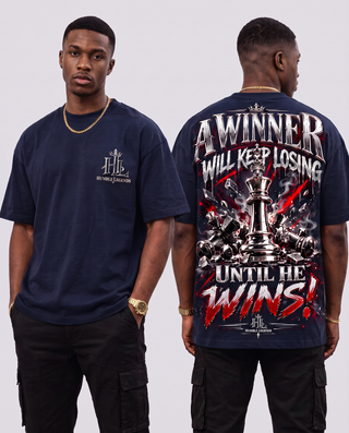 Model wearing A Winner heavyweight tee in Navy, front and back