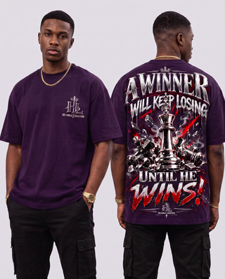 Model wearing A Winner heavyweight tee in Purple, front and back