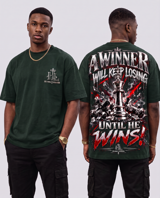 Model wearing A Winner heavyweight tee in Hunter Green, front and back