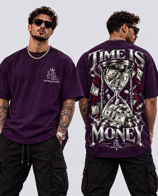 Model wearing Time Is Money heavyweight tee in Purple, front and back