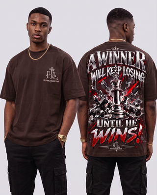 Model wearing A Winner heavyweight tee in Brown, front and back