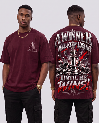 Model wearing A Winner heavyweight tee in Burgundy, front and back