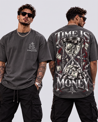 Model wearing Time Is Money heavyweight tee in Dark Grey, front and back