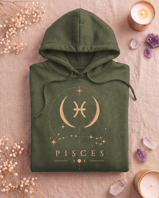 Pisces Celestial Zodiac Hoodie - Military Green